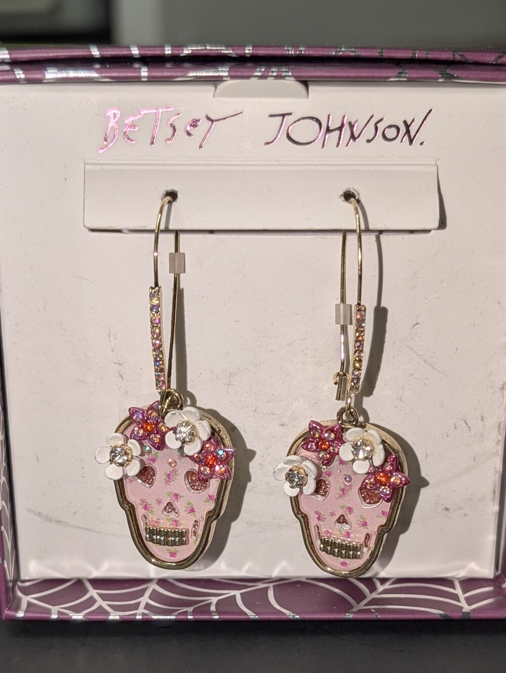 ✨Betsey Johnson✨Pink Floral🌸Sugar Skull💀Hoop Earrings✨NIB~DEADSTOCK💀